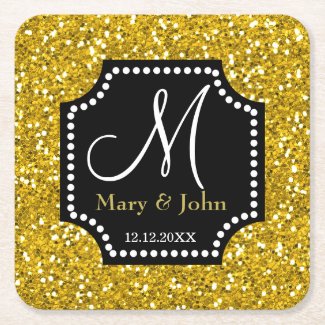 Classy Black Gold Glitter Monogram Wedding Square Paper Coaster