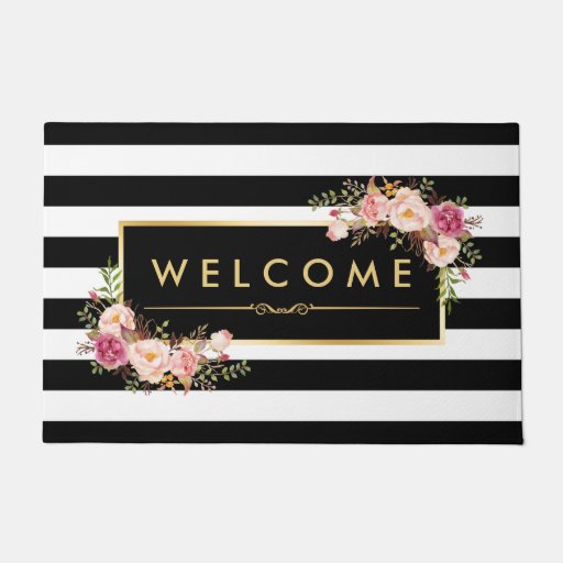 classy black white stripes beautiful floral decor doormat disney personalized christmas ornaments
