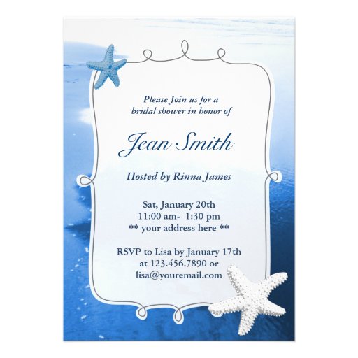Classy Blue Beach & Starfish Bridal Shower Invite (front side)