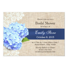   Classy Blue Hydrangea Lace & Burlap Bridal Shower 5x7 Paper Invitation Card