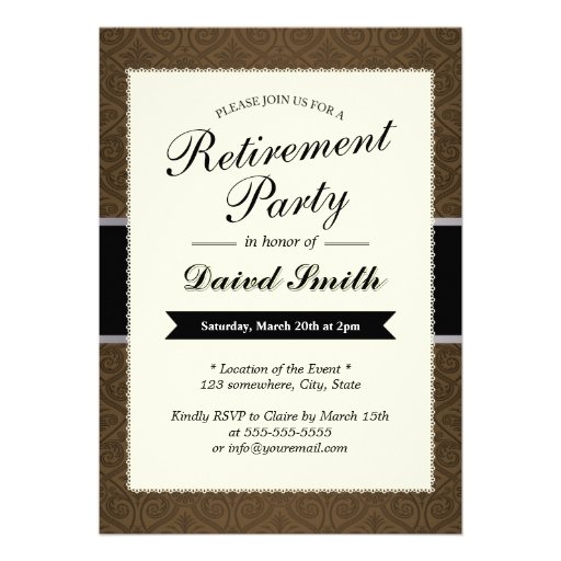 Classy Brown Damask Retirement Party Invitations (front side)