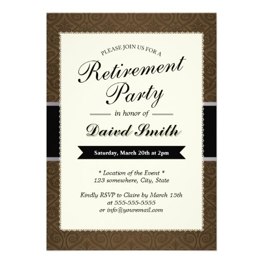 Classy Brown Damask Retirement Party Invitations