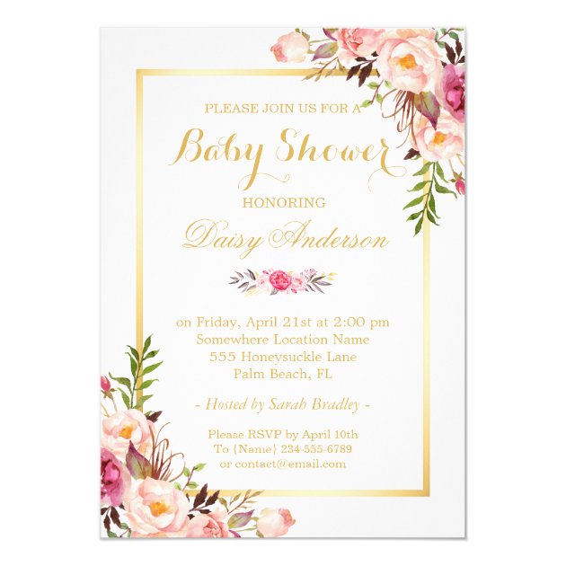 Classy Chic Floral Golden Frame Baby Shower Card (front side)