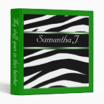 Classy Chic Zebra Print Personalized Green Binder