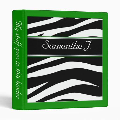 Classy Chic Zebra Print Personalized Green Binder