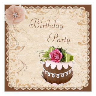 Classy Chocolate Cake & Rose Birthday Party Custom Invites