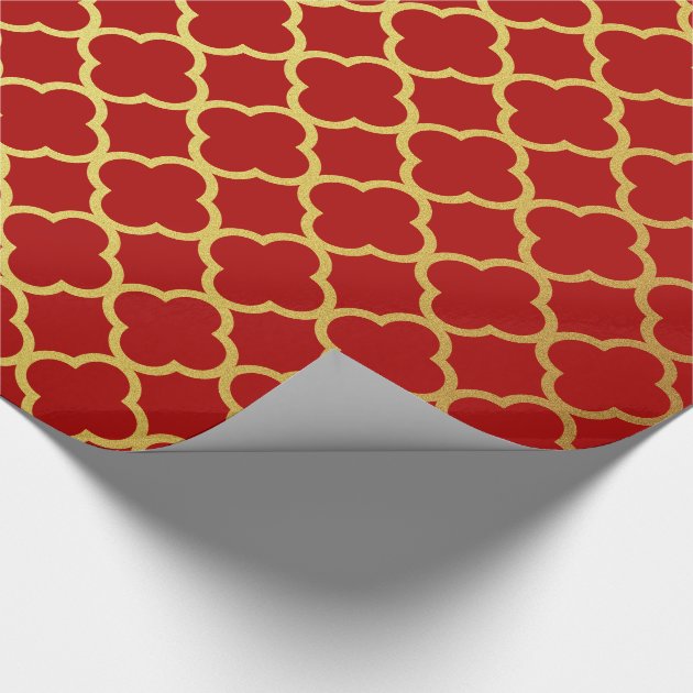 Classy Christmas Gold Red Quatrefoil Geometric Wrapping Paper-3