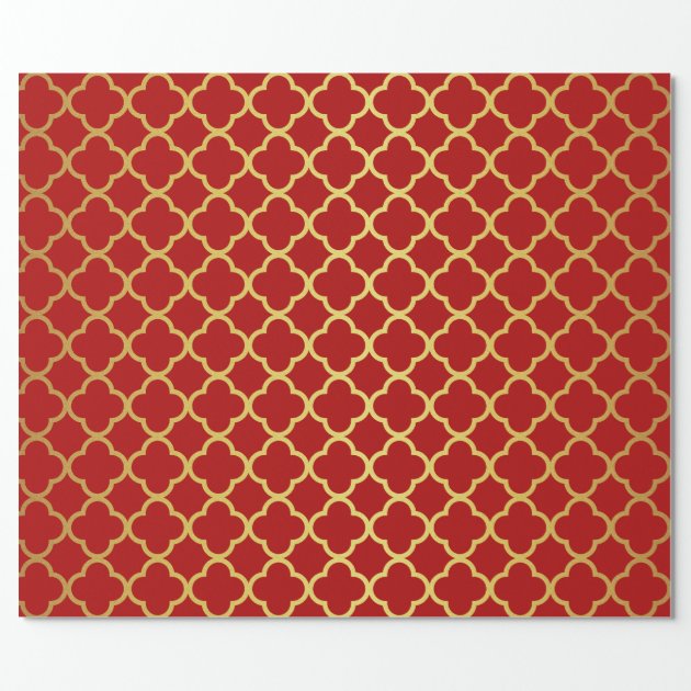 Classy Christmas Gold Red Quatrefoil Geometric Wrapping Paper 2/4