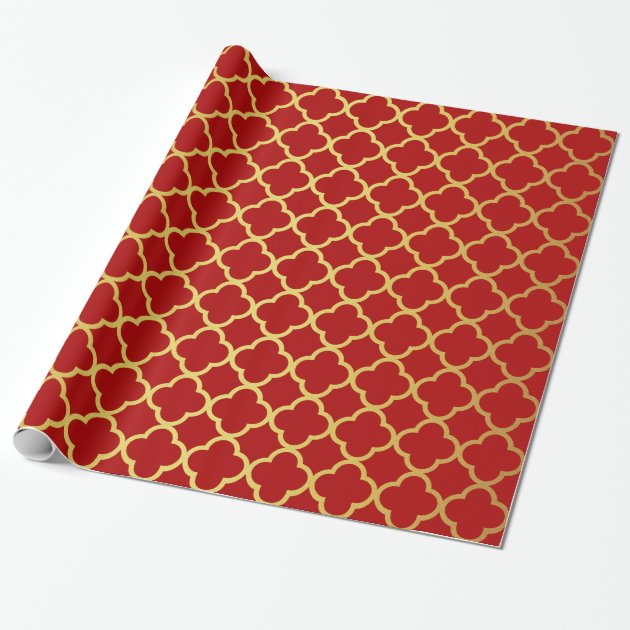 Classy Christmas Gold Red Quatrefoil Geometric Wrapping Paper-0
