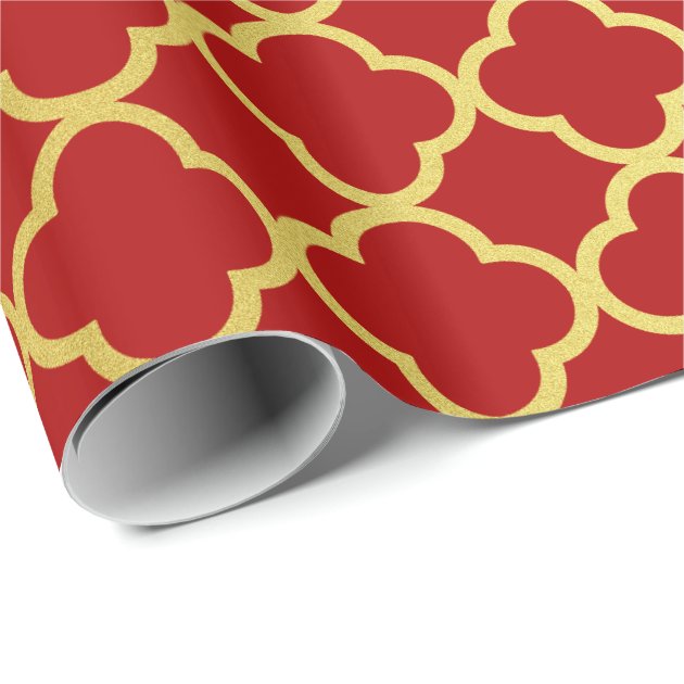 Classy Christmas Gold Red Quatrefoil Geometric Wrapping Paper 3/4