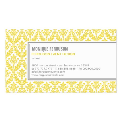 Classy Damask Business Card - Lemon (front side)