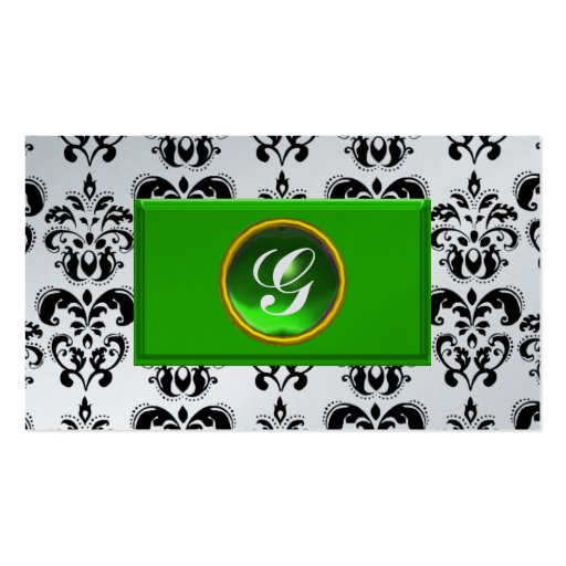 CLASSY DAMASK MONOGRAM green emerald platinum Business Card Templates (back side)