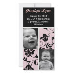 classy floral black and pink baby announcement photo card