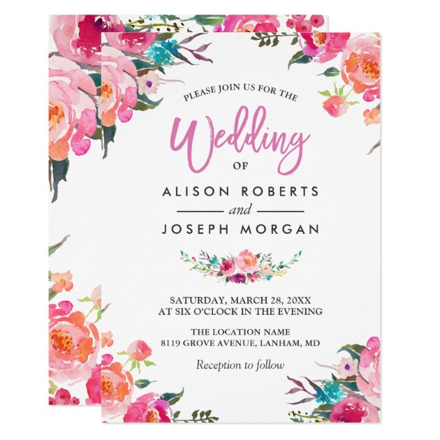 Classy Floral Blossom Watercolor Flowers Wedding Card
