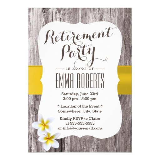 Classy Frangipani Wood Background Retirement Party Invite (front side)