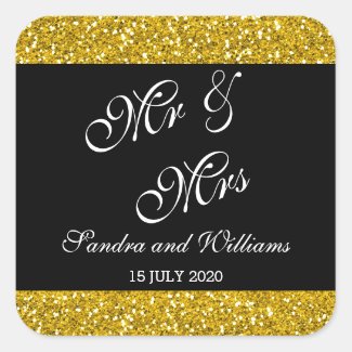 Classy Gold Glitter and Black Mr & Mrs Wedding Square Sticker
