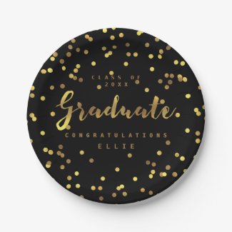 Classy Graduate Faux Gold Foil Confetti Black Paper Plate