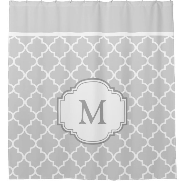 Classy Gray White Moroccan Tile Pattern Monogram Shower Curtain-1
