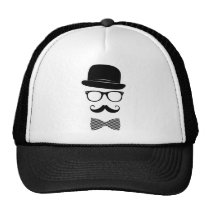 classy, hipster, fashion, indie, cool, black, mustache, vintage, bow-tie, swag, style, hat, funny, grunge, glasses, trucker hat, Trucker Hat with custom graphic design