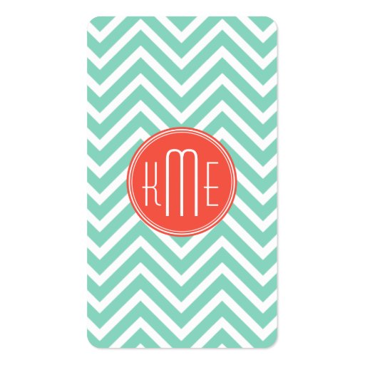 Classy Mint Green Chevron and Orange Monogram Business Card Template (back side)