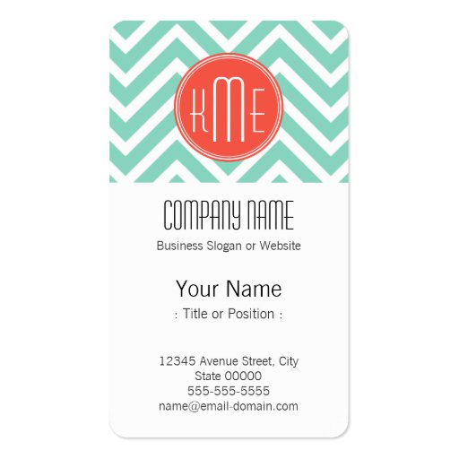Classy Mint Green Chevron and Orange Monogram Business Card Template (front side)