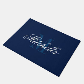 Classy navy blue and white monogrammed door mats doormat
