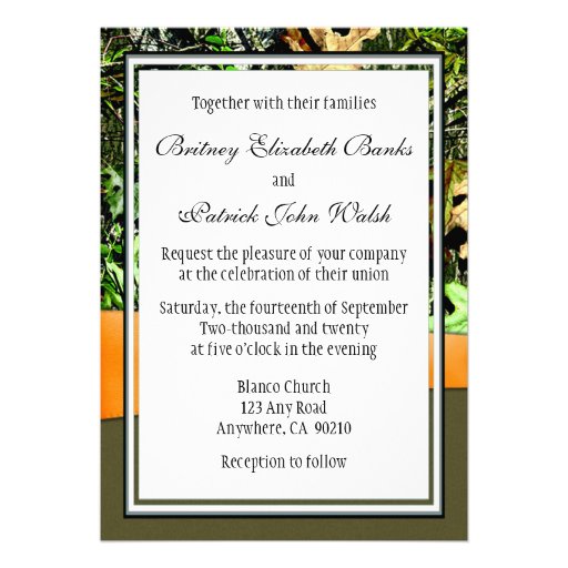 Classy Orange Hunting Camo Wedding Invitations