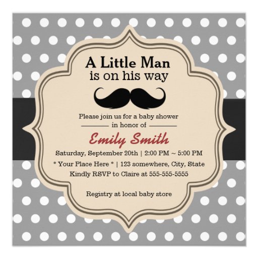 Classy Polka Dots Mustache Little Man Baby Shower Custom Announcement (front side)