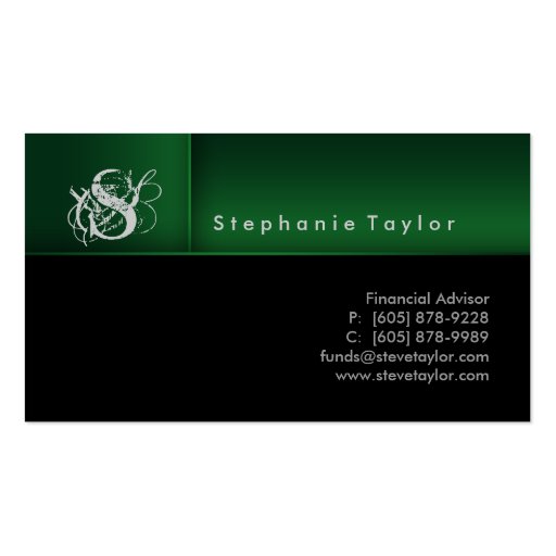 Classy Professional Black Green Business Card (front side)