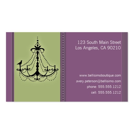 Classy Purple/Lime Chandelier Trendy Business Card (back side)