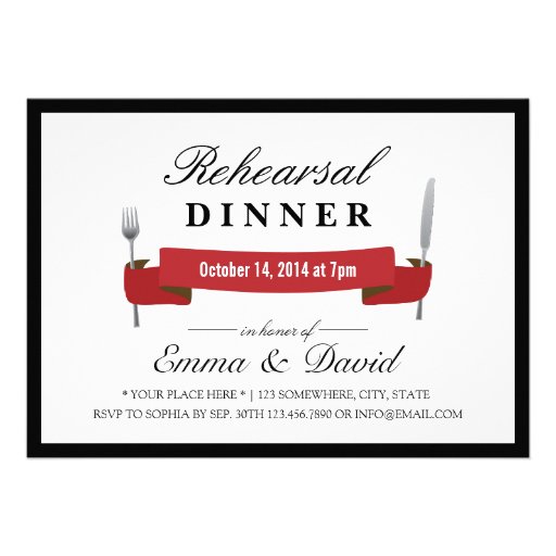 Classy Red Banner Rehearsal Dinner Invitations (front side)