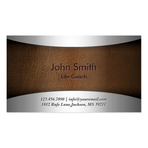 Classy Steel & Leather Life Coach Business Card (front side)