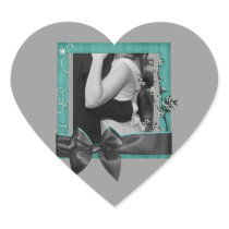 Classy Teal Frame Customizable Photo Wedding Heart Sticker