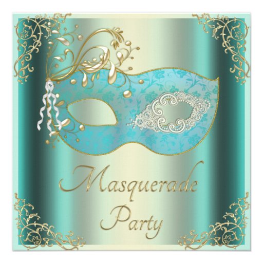 Classy Teal Gold Flourishes Mask Masquerade Party Custom Invites (front side)