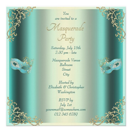 Classy Teal Gold Flourishes Mask Masquerade Party Custom Invites