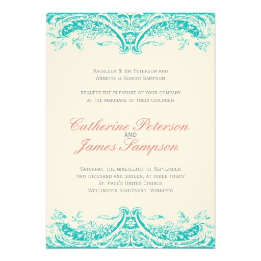 Classy Turquoise and Coral Wedding Invitations