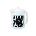 Classy Zebra Print Aqua Blue Monogram Teapot