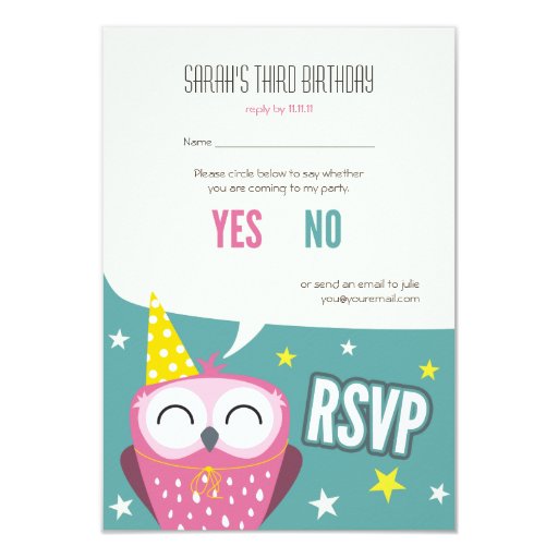 Claudette the Owl Kids Birthday Party RSVP 3.5" X 5" Invitation Card