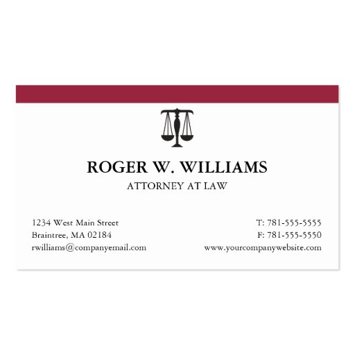 Clean Attorney Business Card with Justice Scale (front side)