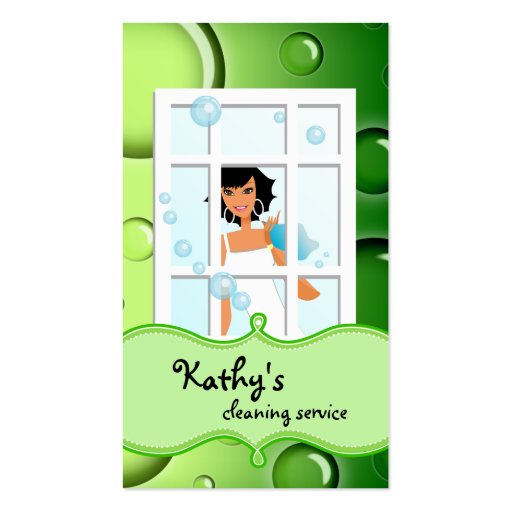 Cleaning Business Card Green Bubbles Black Hair (front side)