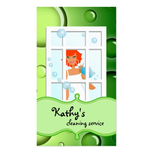 Cleaning Business Card Green Bubbles Red Hair