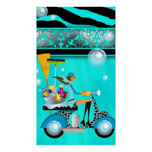Cleaning Business Card Scooter Girl Silver Damask