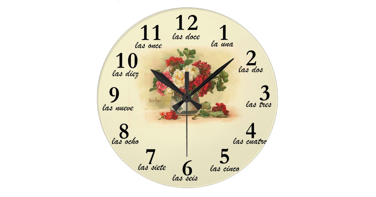 Clock with vintage image and numbers in Spanish Zazzle