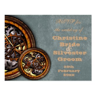 Clockwork and Leather, wedding RSVP Postcard