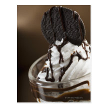 Close-up of a glass of chocolate sundae post cards