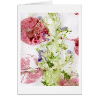 Close up of smashed flowers purple green red card