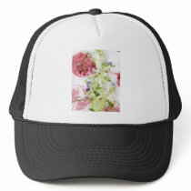 Close up of smashed flowers purple green red trucker hat