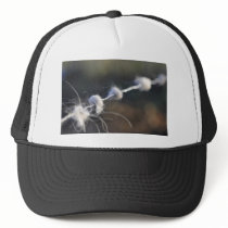 Close-up on barbed wire with some pieces of white hats