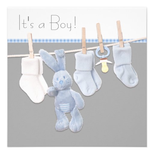 Clothesline Blue and Gray Baby Boy Shower Custom Announcements