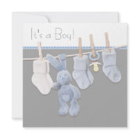 Clothesline Blue Gray Baby Boy Shower Invitations